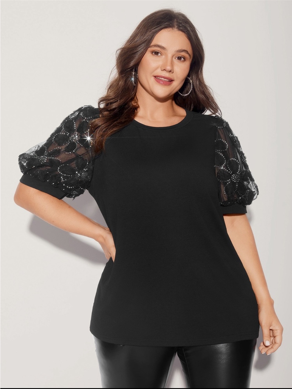 BloomChic Black Puff Sleeve Top with Sheer Embellished Sleeves size 2X (18-20)